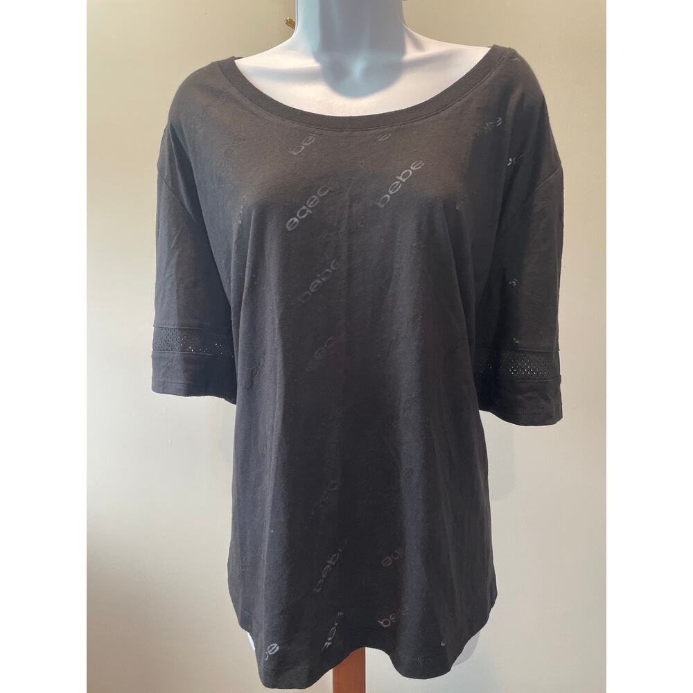 Bebe Sport Top Size 2X Black Logo Pattern Crew Neck Lightweight